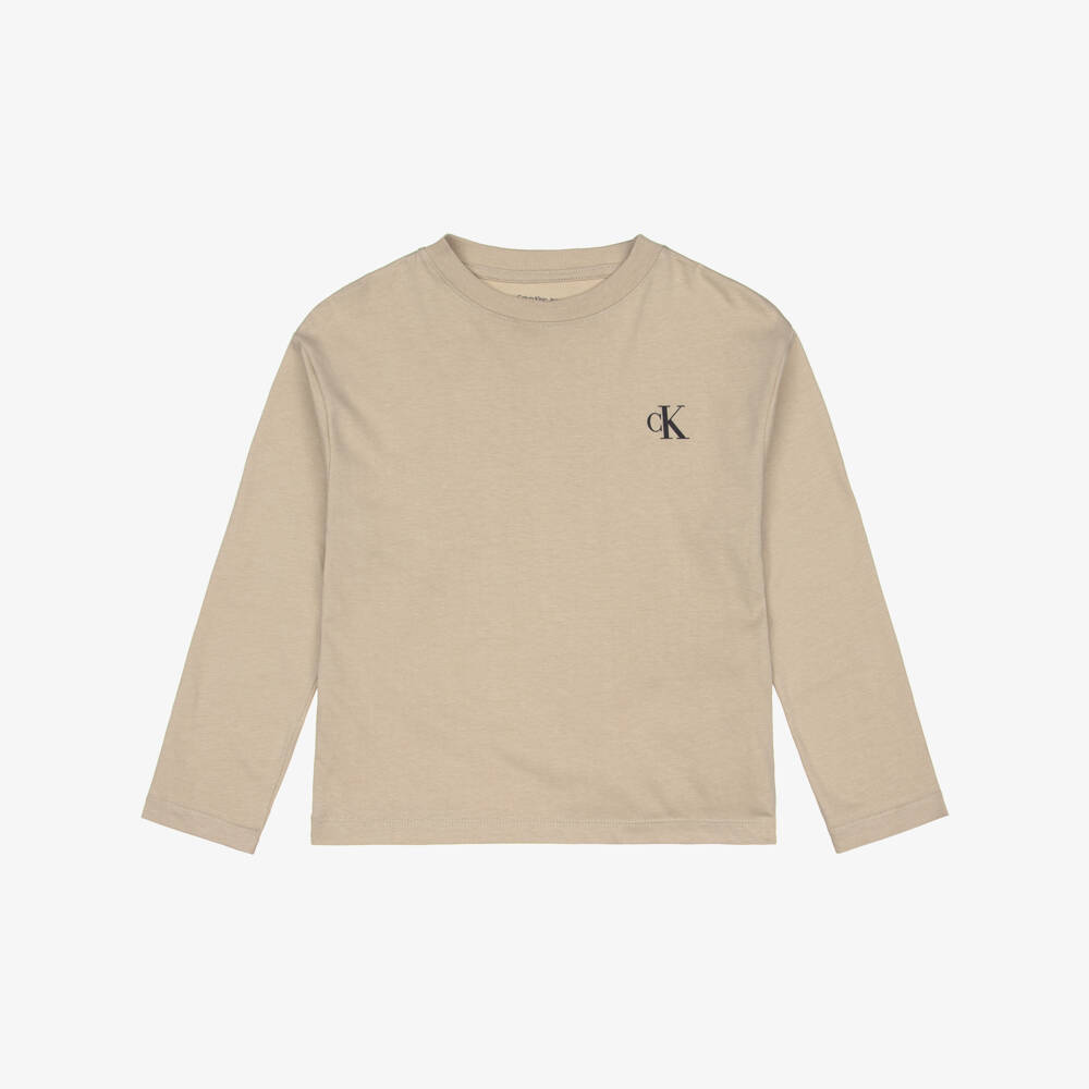 Calvin Klein-Boys Ivory & Beige Cotton Long Sleeved Tops (2 Pack) | Childrensalon