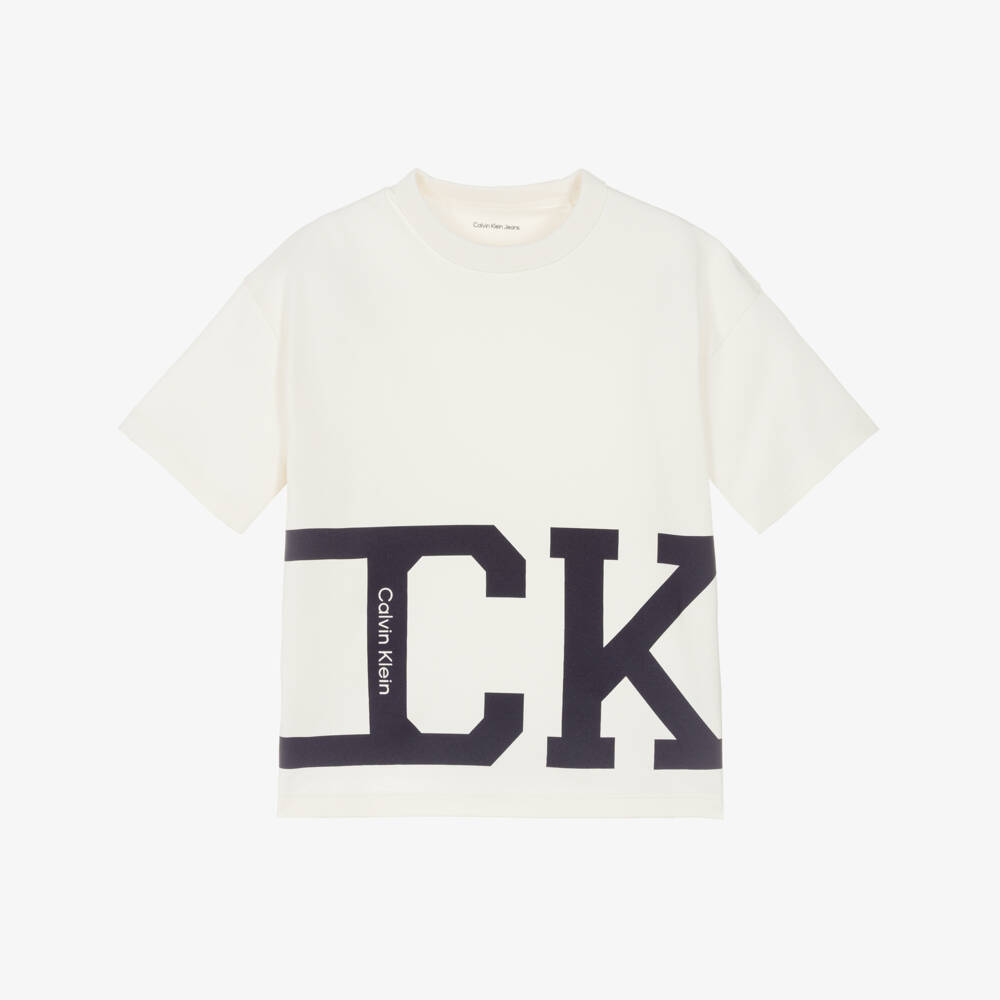 Calvin Klein-Boys Ivory Cotton Bold Face Logo T-Shirt | Childrensalon