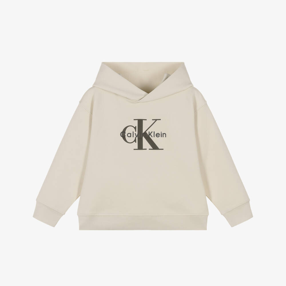 Calvin Klein-Boys Ivory Cotton Hoodie with Grey Monogram Logo | Childrensalon