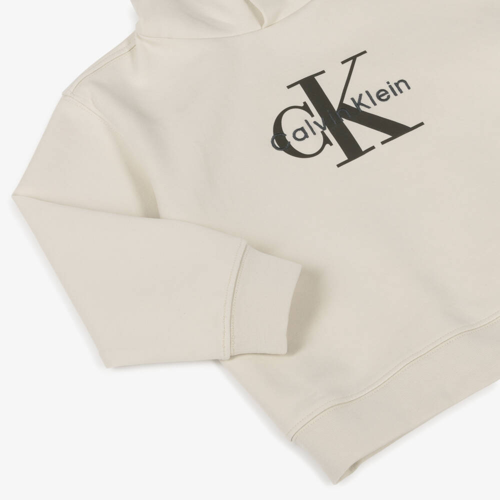 Calvin Klein-Boys Ivory Cotton Hoodie with Grey Monogram Logo | Childrensalon