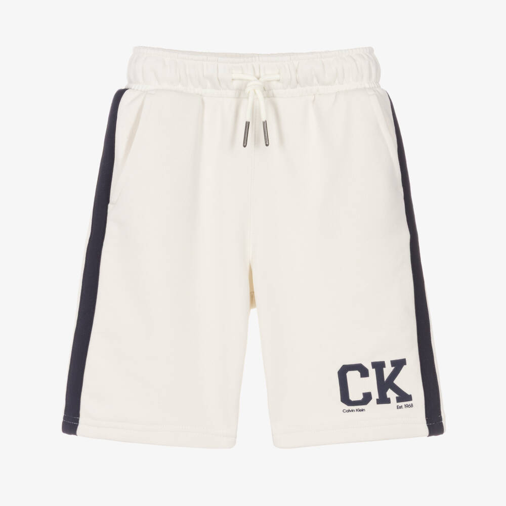 Calvin Klein-Boys Ivory Cotton Jersey Logo Shorts | Childrensalon