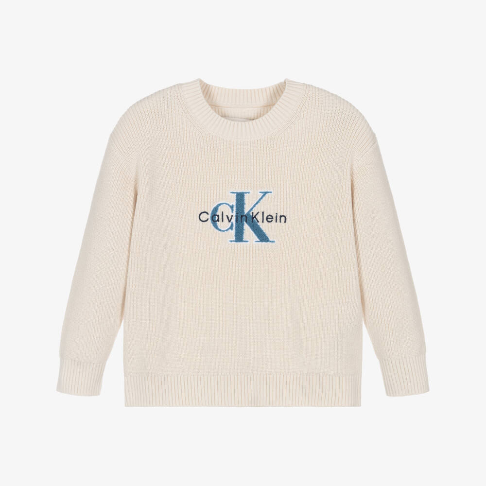 Calvin Klein-Boys Ivory Cotton Knit Sweater with Blue Bouclé Monogram Logo | Childrensalon