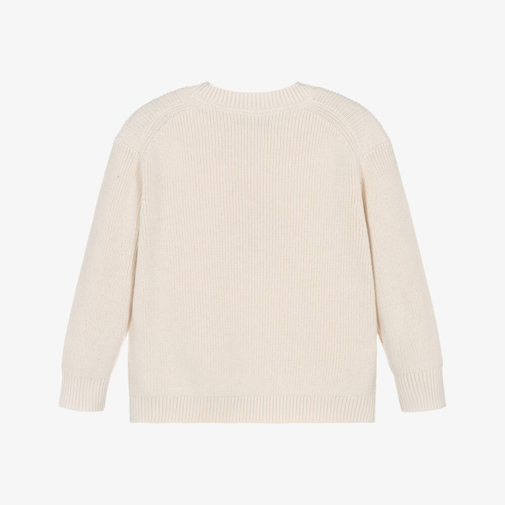 Calvin Klein-Boys Ivory Cotton Knit Sweater with Blue Bouclé Monogram Logo | Childrensalon