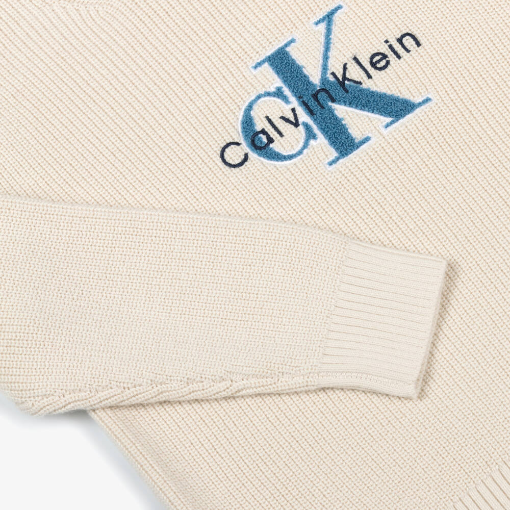 Calvin Klein-Boys Ivory Cotton Knit Sweater with Blue Bouclé Monogram Logo | Childrensalon