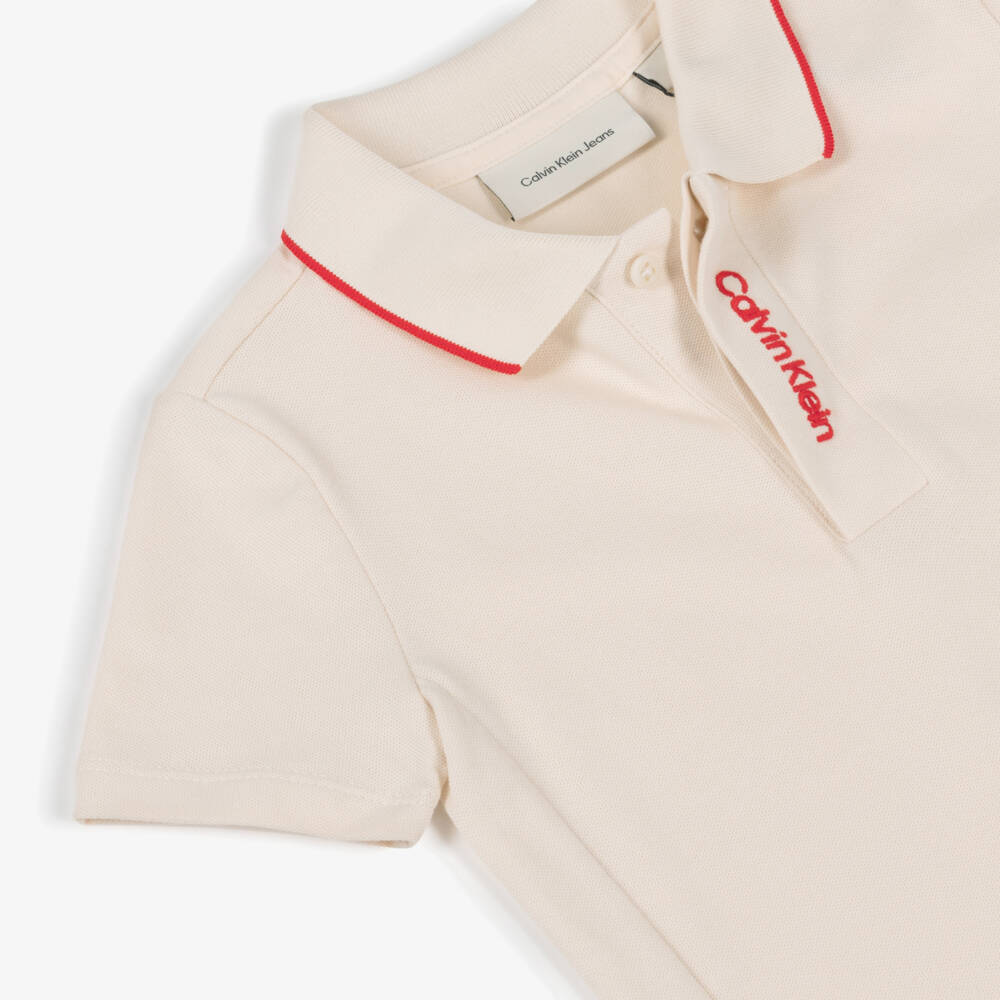 Calvin Klein-Boys Ivory Cotton Polo Shirt with Embroidered Red Logo | Childrensalon