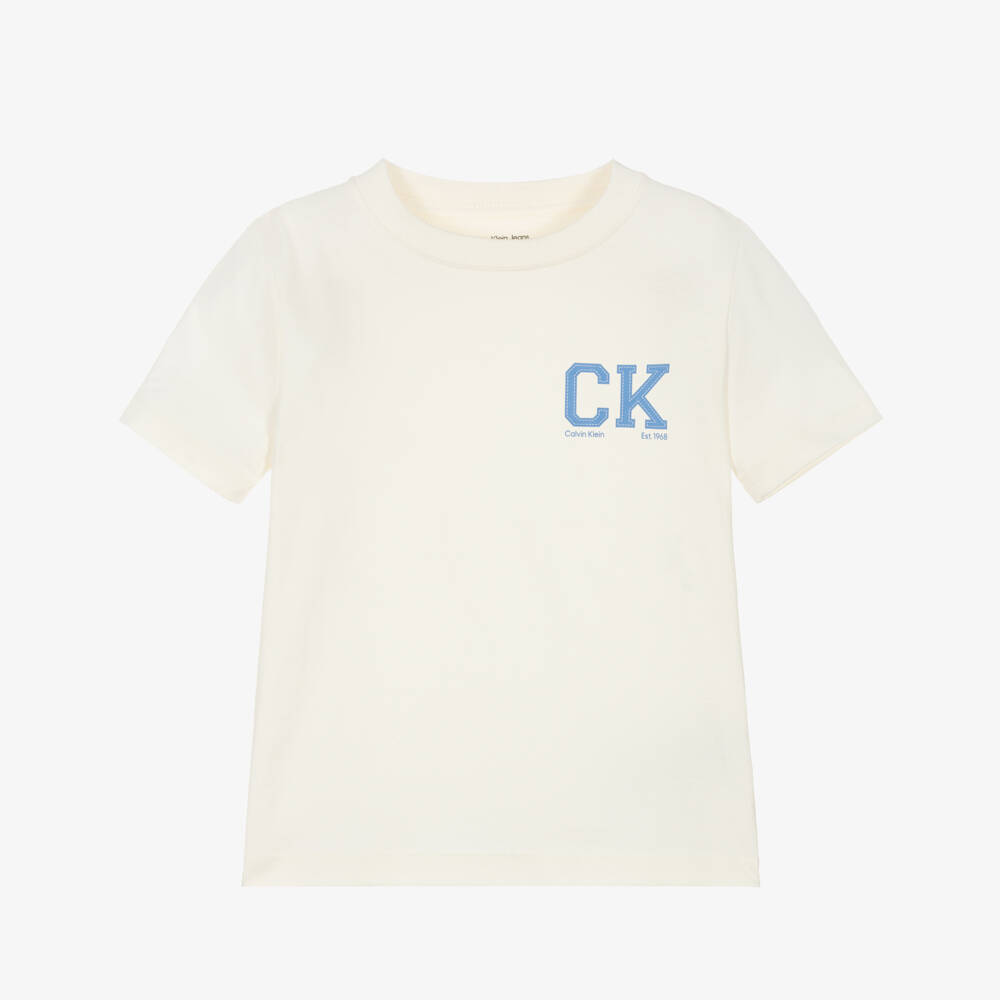 Calvin Klein-Boys Ivory Cotton T-Shirt with CK Monogram Print | Childrensalon