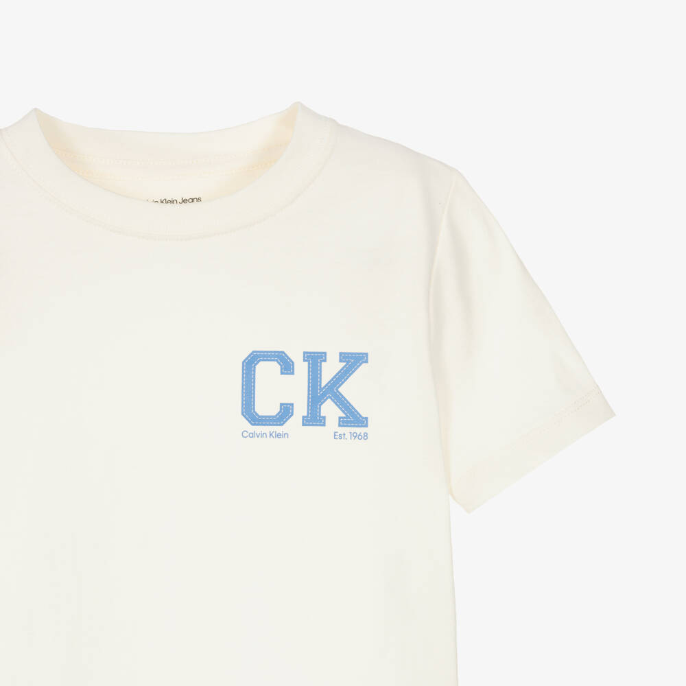 Calvin Klein-Boys Ivory Cotton T-Shirt with CK Monogram Print | Childrensalon