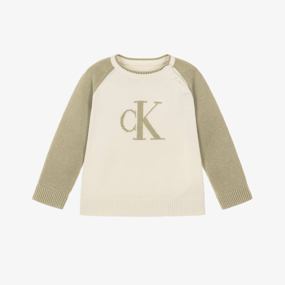 Calvin Klein-Boys Ivory & Green Knit CK Sweater | Childrensalon