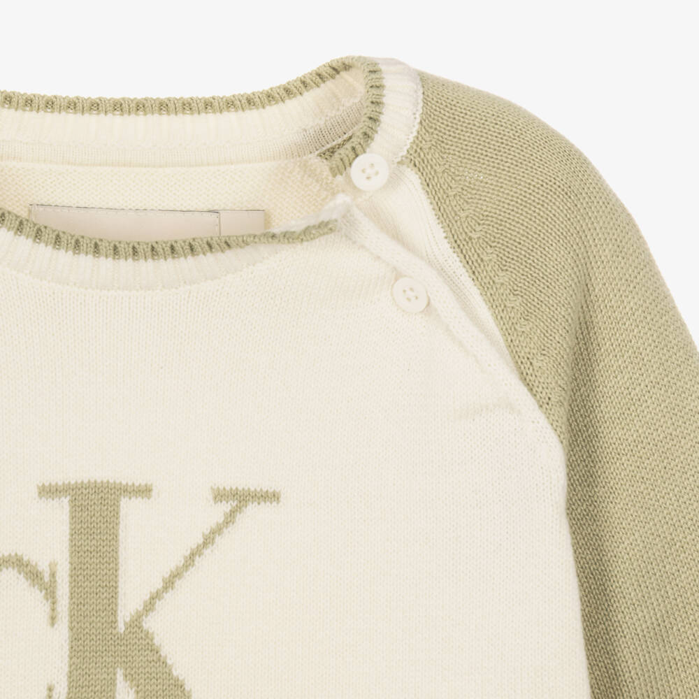 Calvin Klein-Boys Ivory & Green Knit CK Sweater | Childrensalon