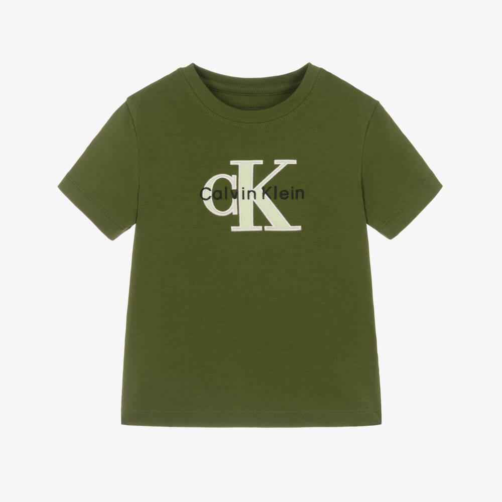 Calvin Klein-Boys Khaki Green Monogram Logo T-Shirt | Childrensalon