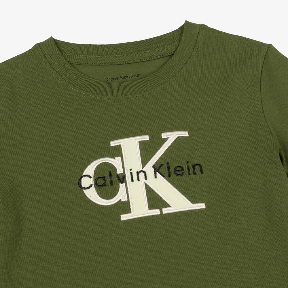Calvin Klein-Boys Khaki Green Monogram Logo T-Shirt | Childrensalon