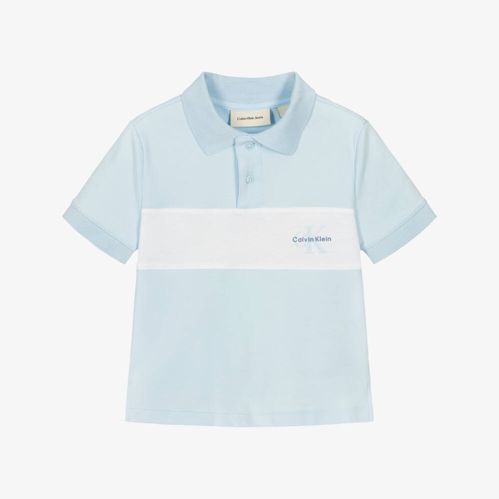 Calvin Klein-Boys Light Blue Cotton Jersey Polo Shirt with Monogram Logo | Childrensalon