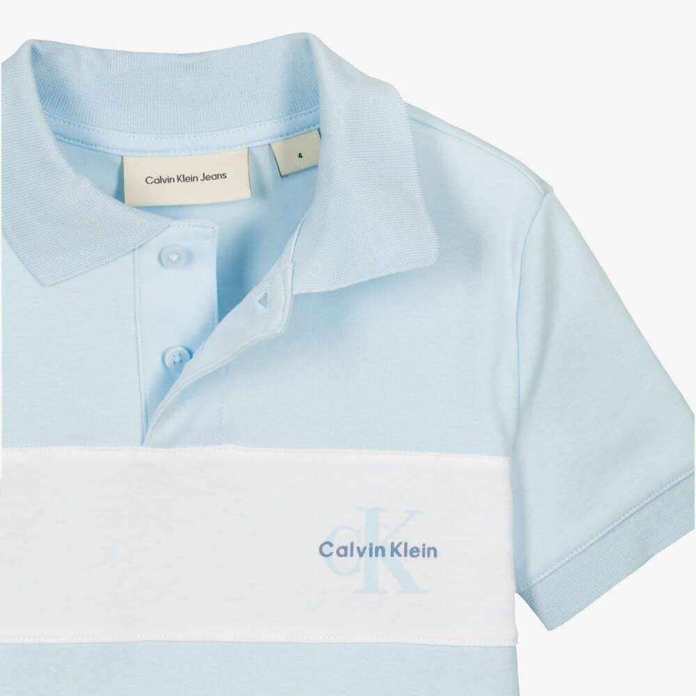 Calvin Klein-Boys Light Blue Cotton Jersey Polo Shirt with Monogram Logo | Childrensalon