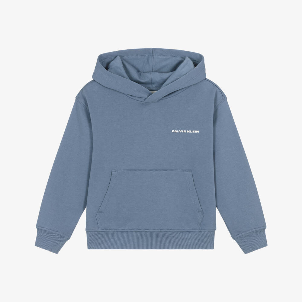 Calvin Klein-Boys Mid Blue Cotton Relaxed Backprint Logo Hoodie | Childrensalon