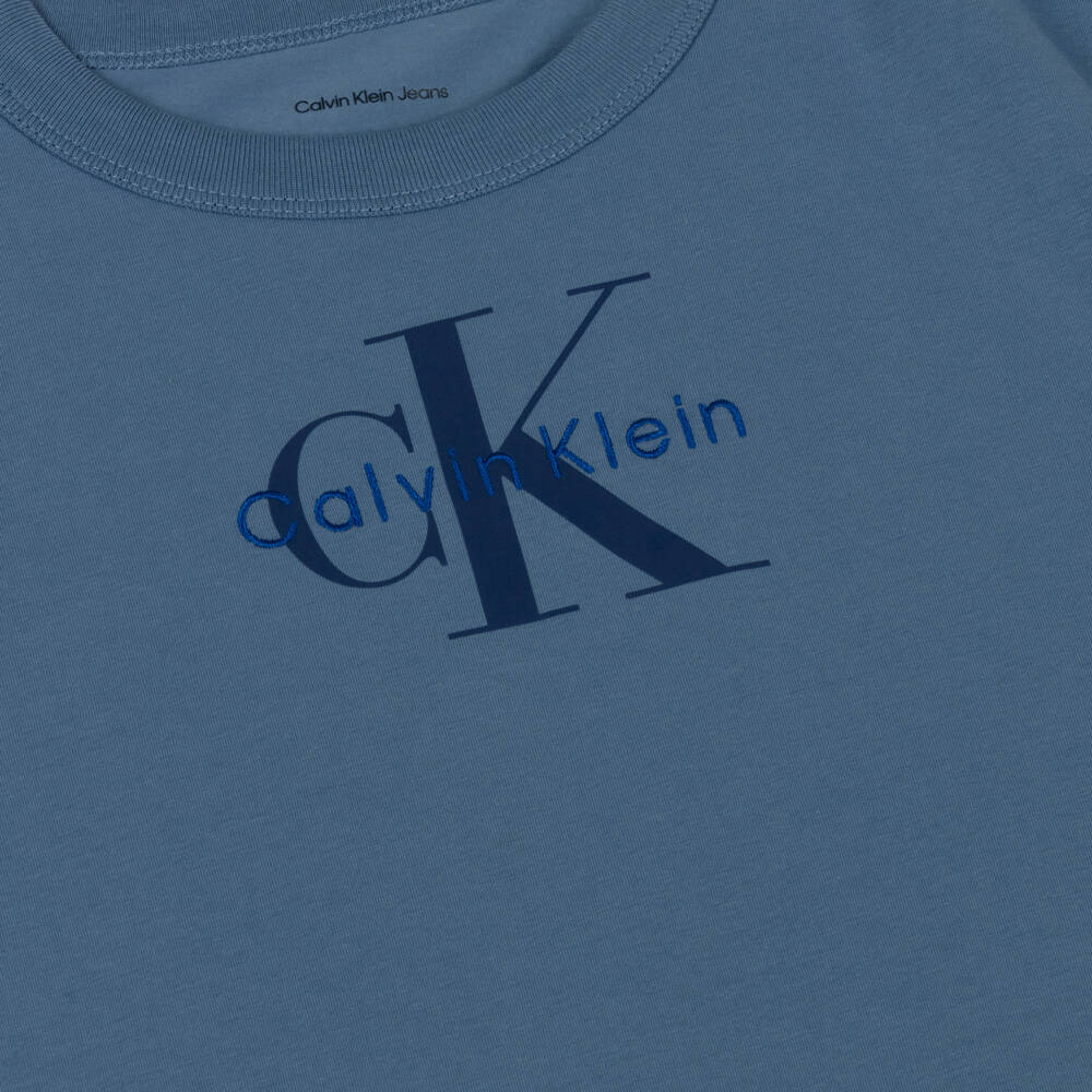 Calvin Klein-Boys Mid-Blue Cotton T-shirt with Monogram Logo | Childrensalon
