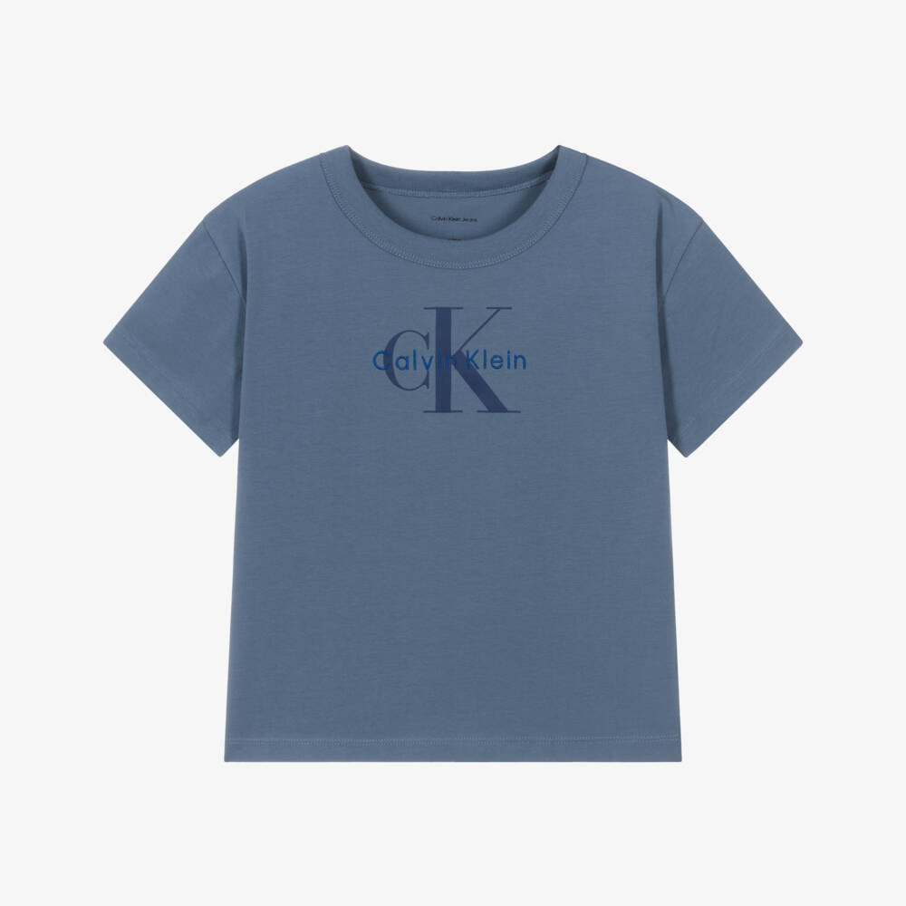 Calvin Klein-Boys Mid-Blue Cotton T-shirt with Monogram Logo | Childrensalon