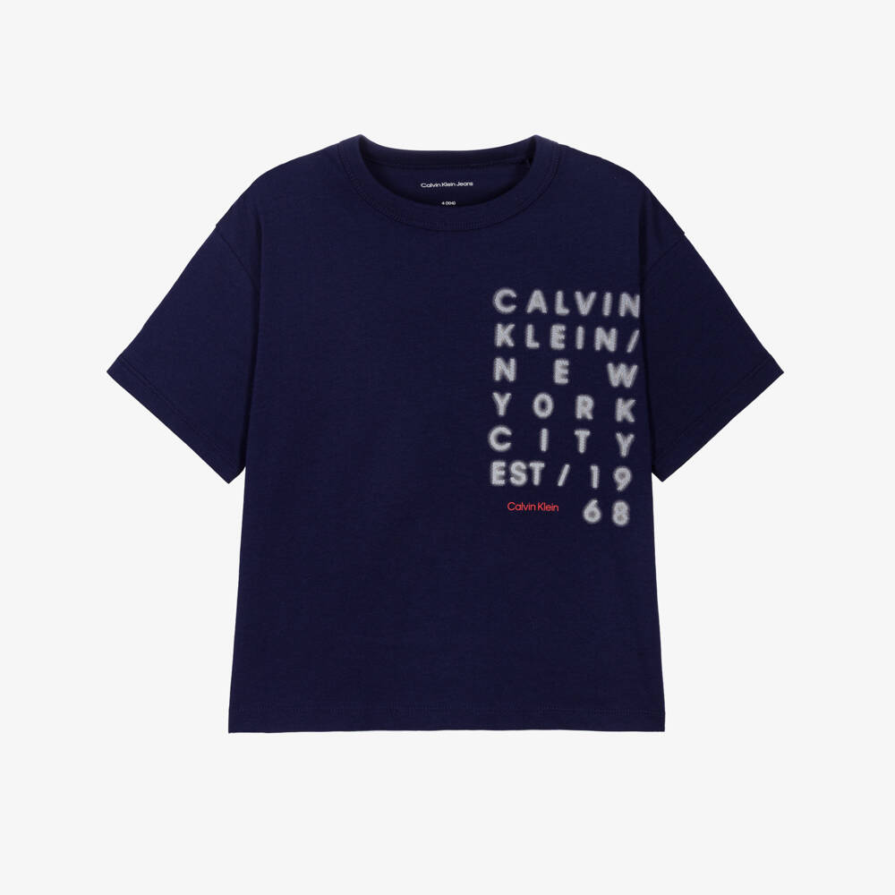 Calvin Klein-Boys Navy Blue Cotton New York Logo Print T-Shirt | Childrensalon