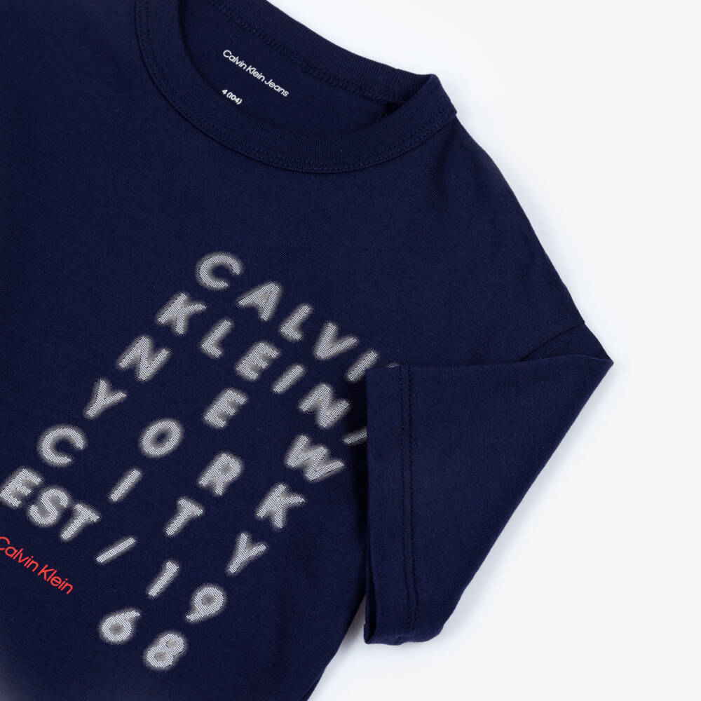 Calvin Klein-Boys Navy Blue Cotton New York Logo Print T-Shirt | Childrensalon