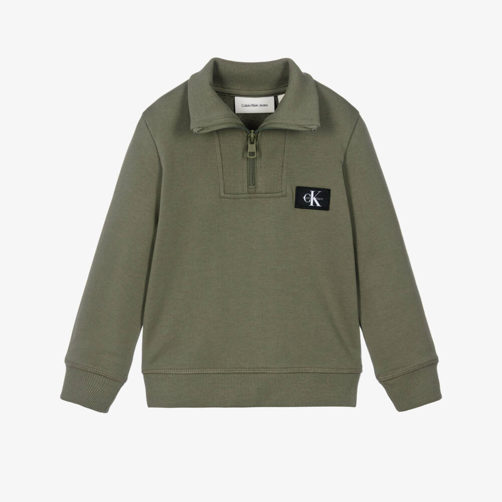 Calvin Klein-Boys Olive Green Half Zip Sweatshirt | Childrensalon
