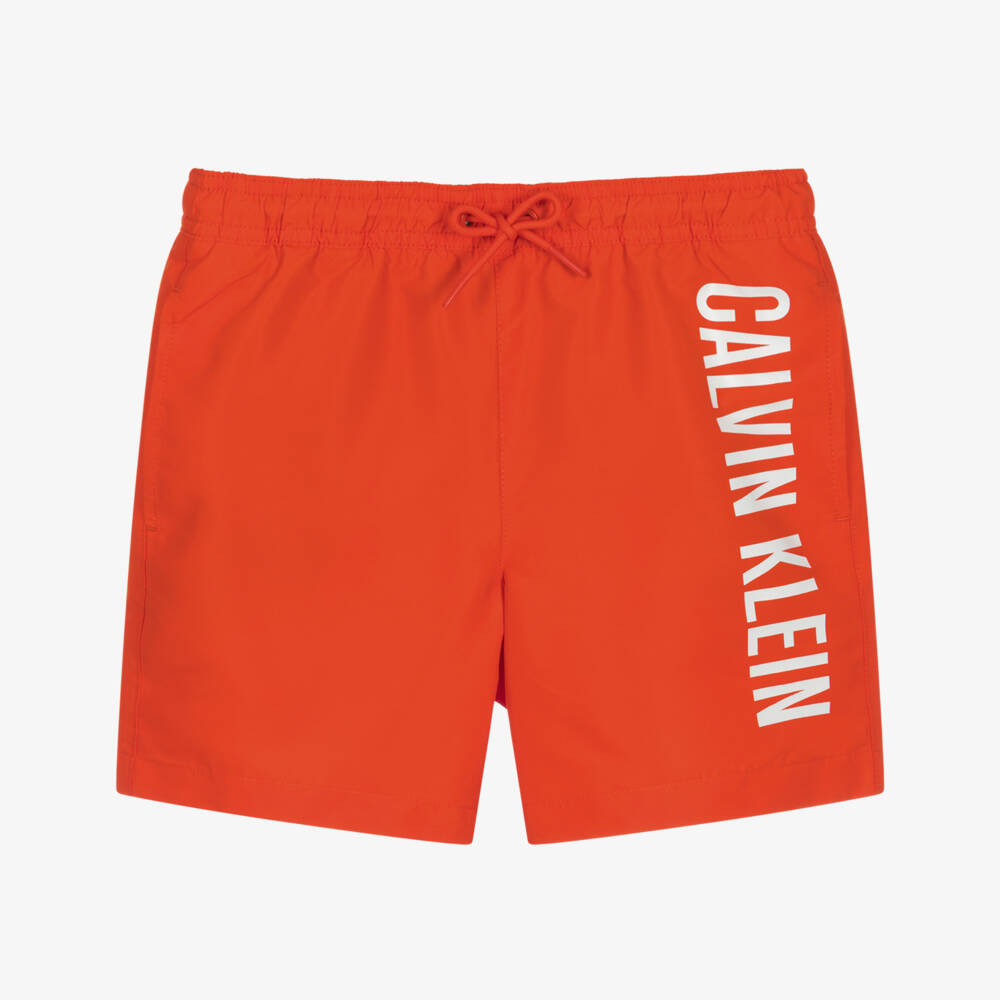 Calvin Klein-Boys Orange & White Logo Swim Shorts | Childrensalon