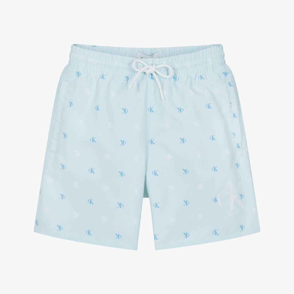 Calvin Klein-Boys Pale Blue CK Monogram Logo Print Swim Shorts | Childrensalon