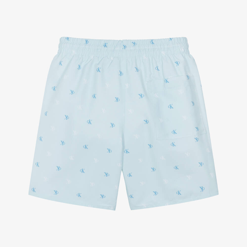 Calvin Klein-Boys Pale Blue CK Monogram Logo Print Swim Shorts | Childrensalon