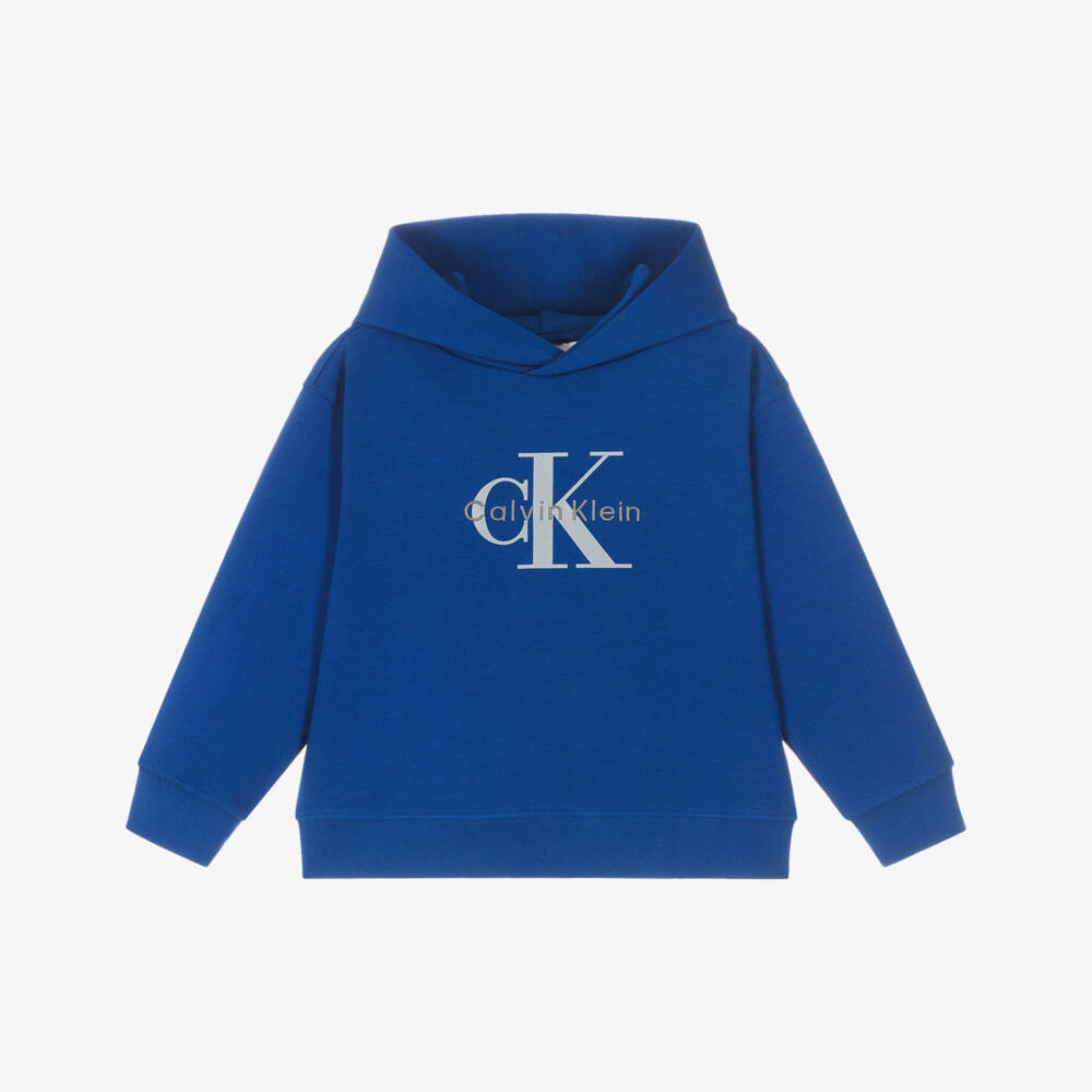 Calvin Klein-Boys Royal Blue Cotton Hoodie with Grey Monogram Logo | Childrensalon