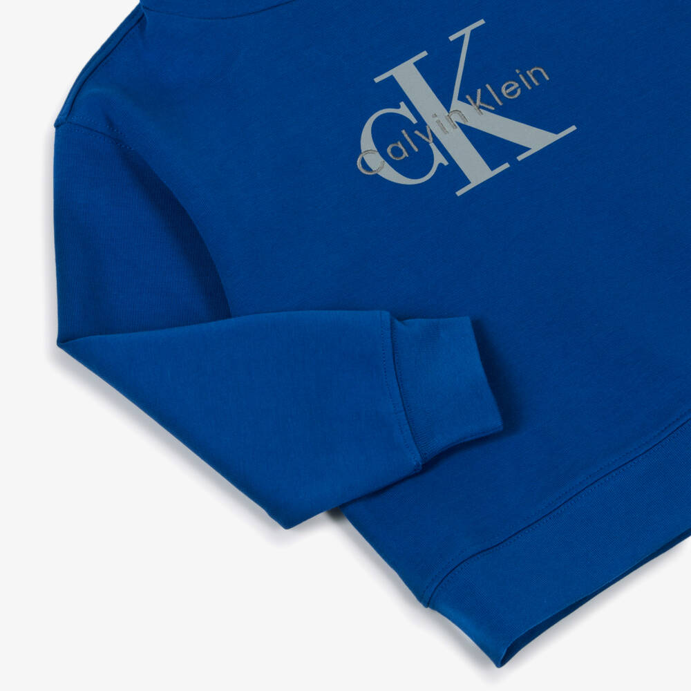 Calvin Klein-Boys Royal Blue Cotton Hoodie with Grey Monogram Logo | Childrensalon
