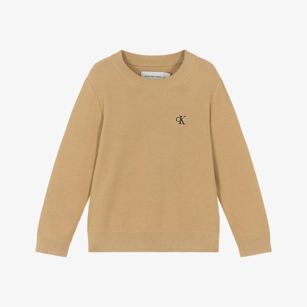 Calvin Klein-Boys Sandy Beige Cotton Knit Monogram Sweater | Childrensalon
