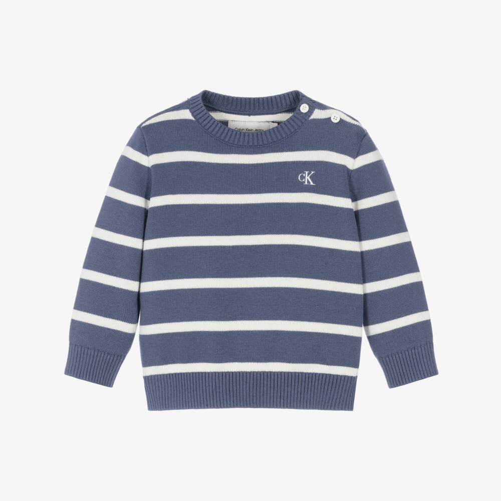 Calvin Klein-Boys Slate Blue Striped Cotton Sweater | Childrensalon