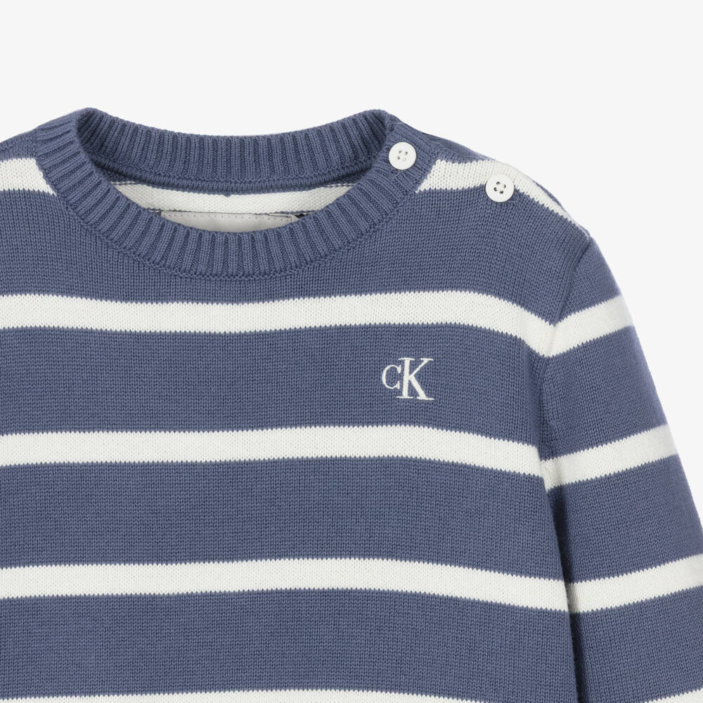 Calvin Klein-Boys Slate Blue Striped Cotton Sweater | Childrensalon