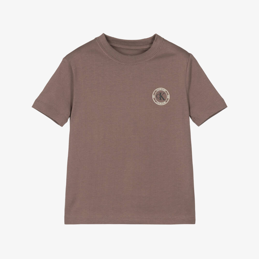 Calvin Klein-Boys Taupe Brown Logo T-Shirt | Childrensalon