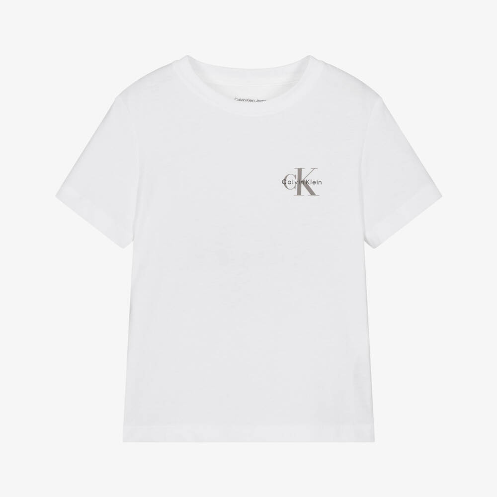 Calvin Klein-Boys White Cotton Jersey T-Shirt with CK Monogram Logo | Childrensalon