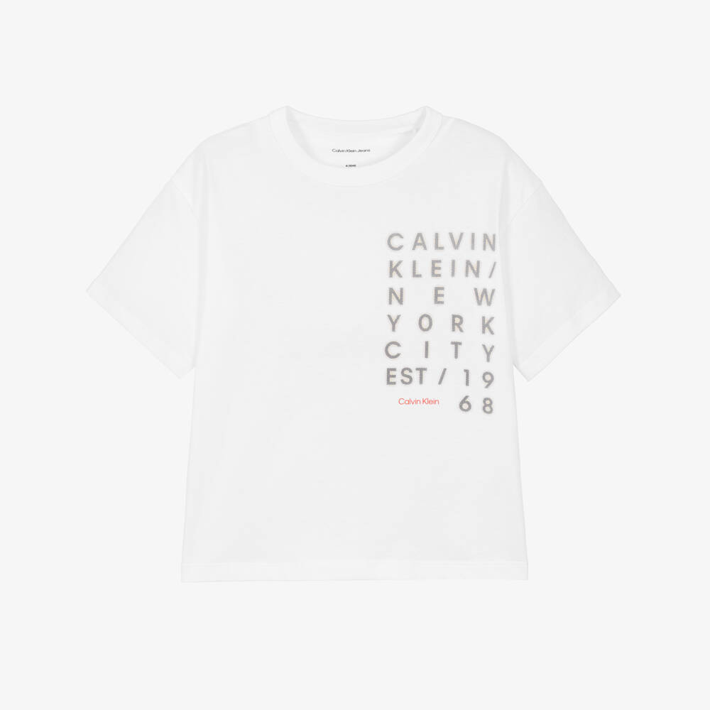 Calvin Klein-Boys White Cotton New York Logo Print T-Shirt | Childrensalon