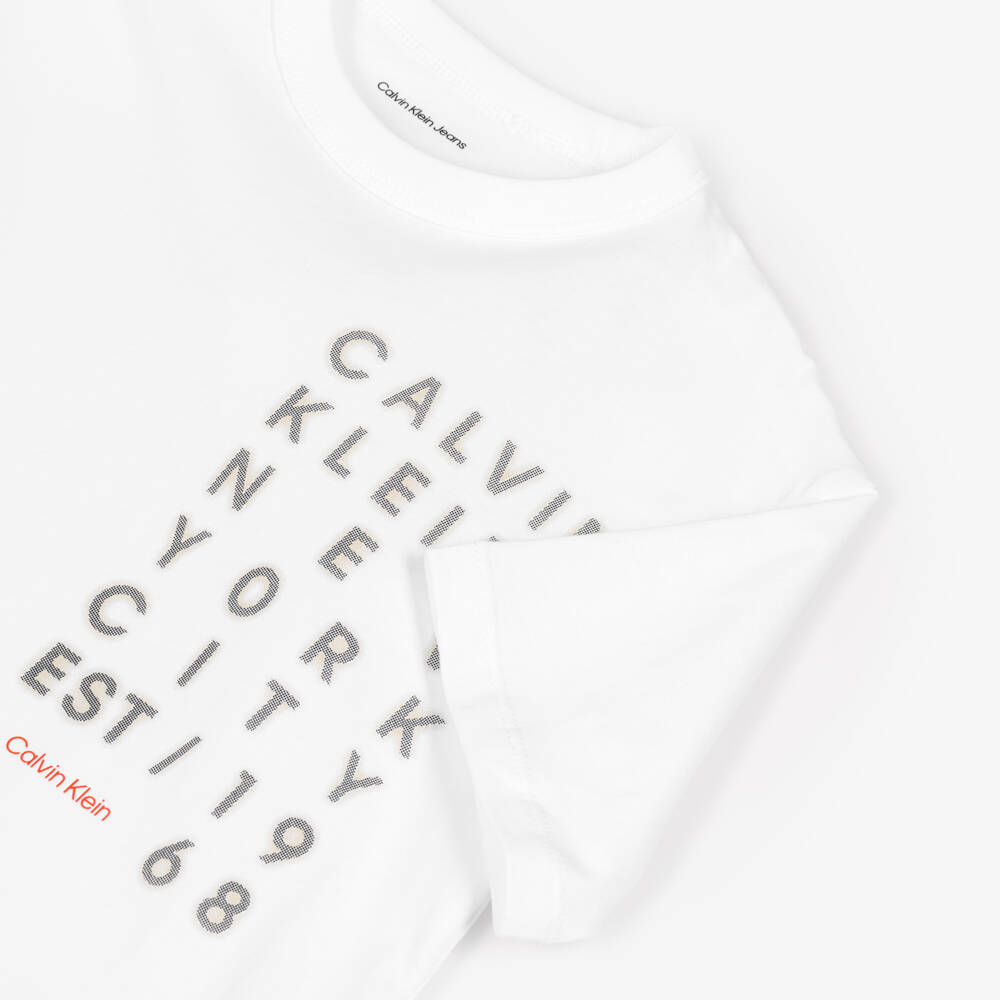 Calvin Klein-Boys White Cotton New York Logo Print T-Shirt | Childrensalon
