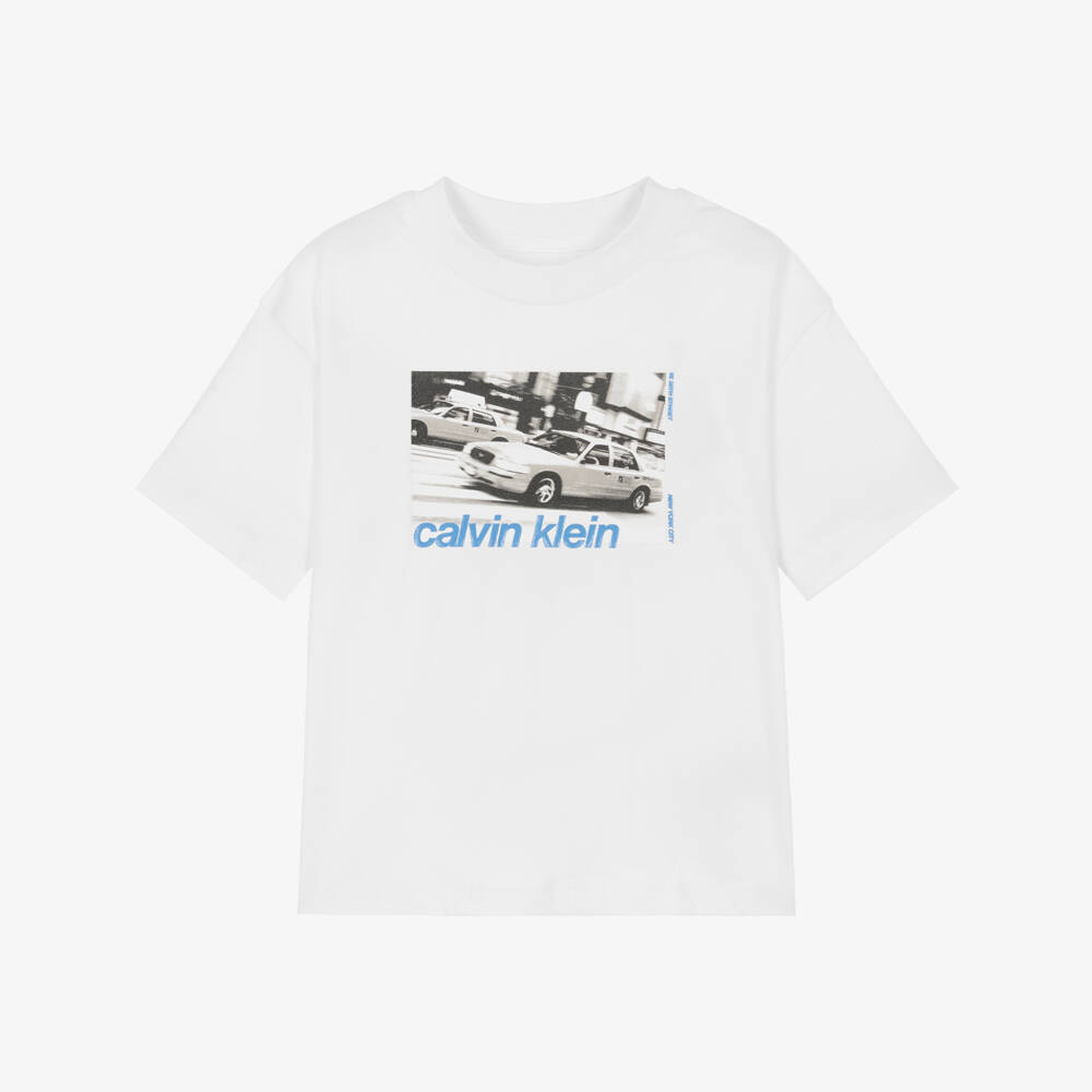 Calvin Klein-Boys White Cotton Photo Print T-Shirt | Childrensalon