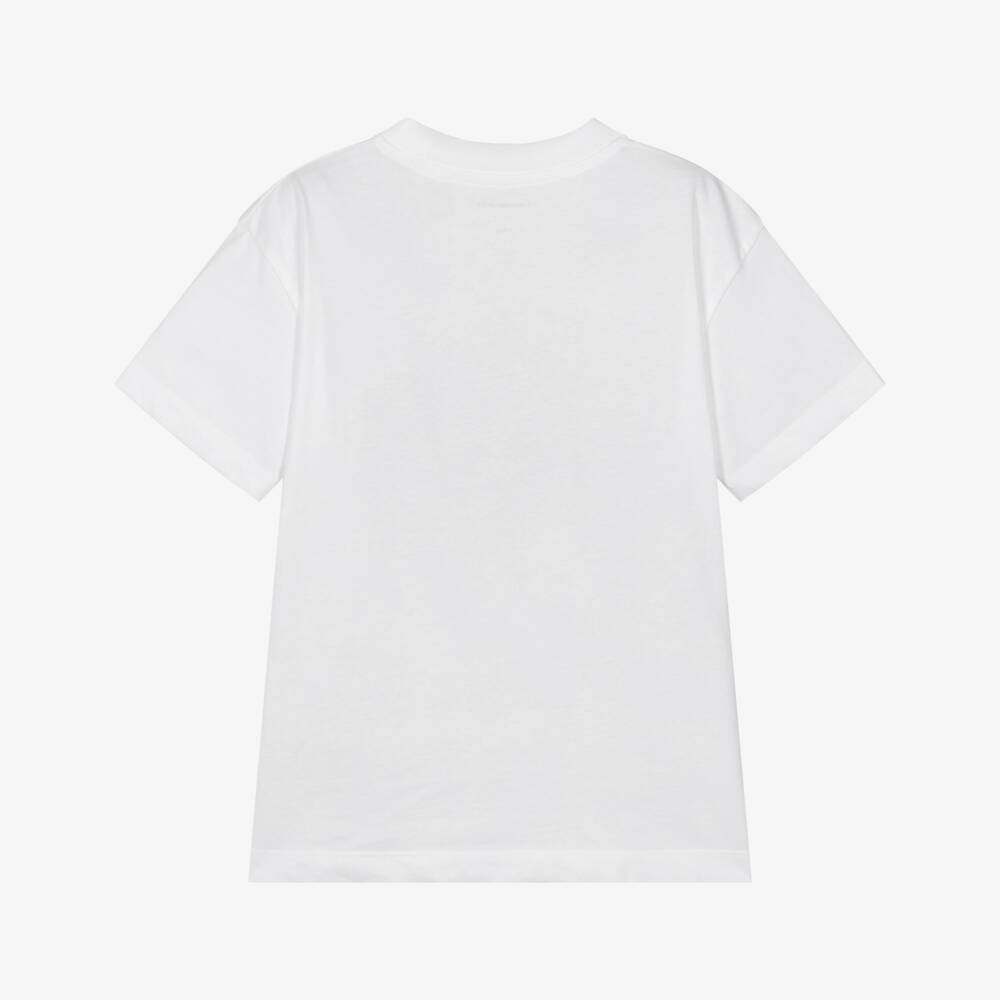 Calvin Klein-Boys White Cotton T-Shirt with Blue CK Monogram | Childrensalon