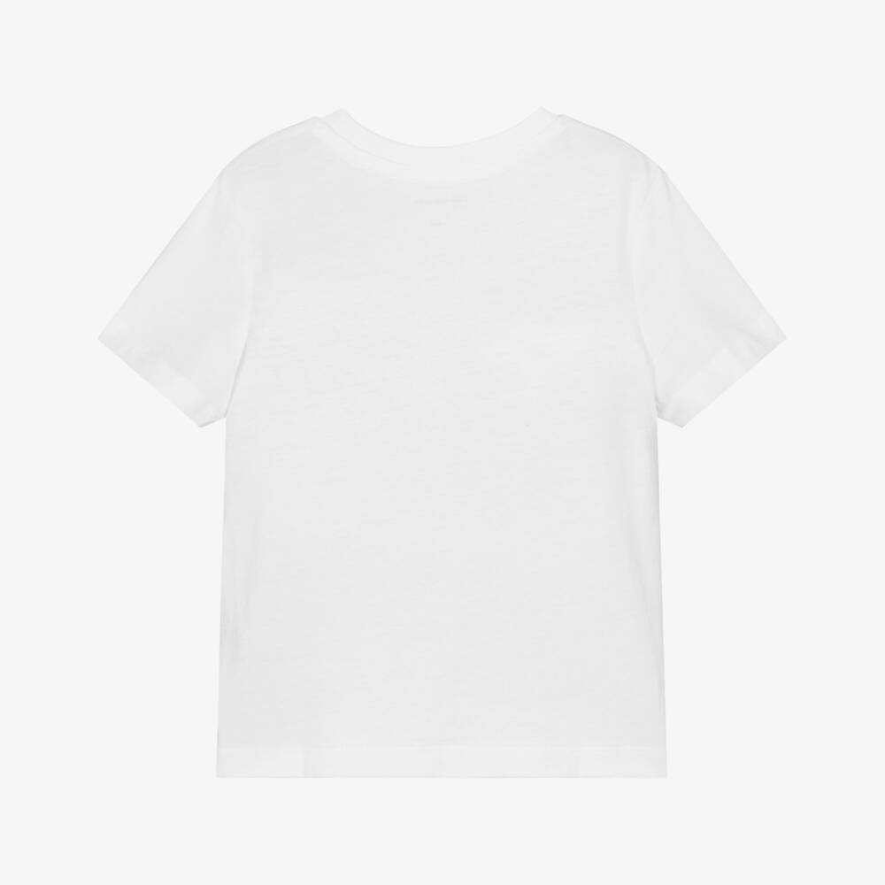 Calvin Klein-Boys White Cotton T-Shirt with Blue Stripe & Monogram Logo | Childrensalon