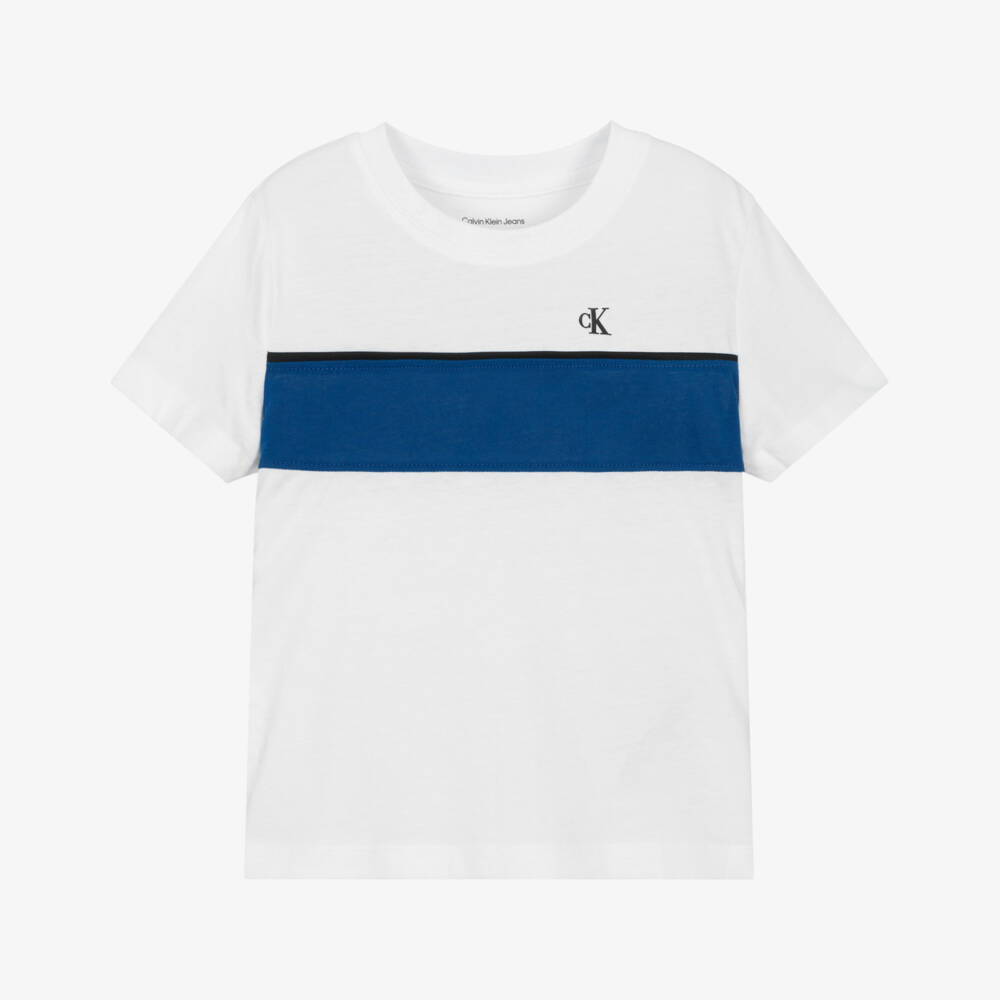 Calvin Klein-Boys White Cotton T-Shirt with Blue Stripe & Monogram Logo | Childrensalon