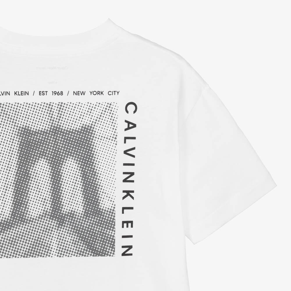 Calvin Klein-Boys White Cotton T-Shirt with Bridge Graphic on the Back | Childrensalon