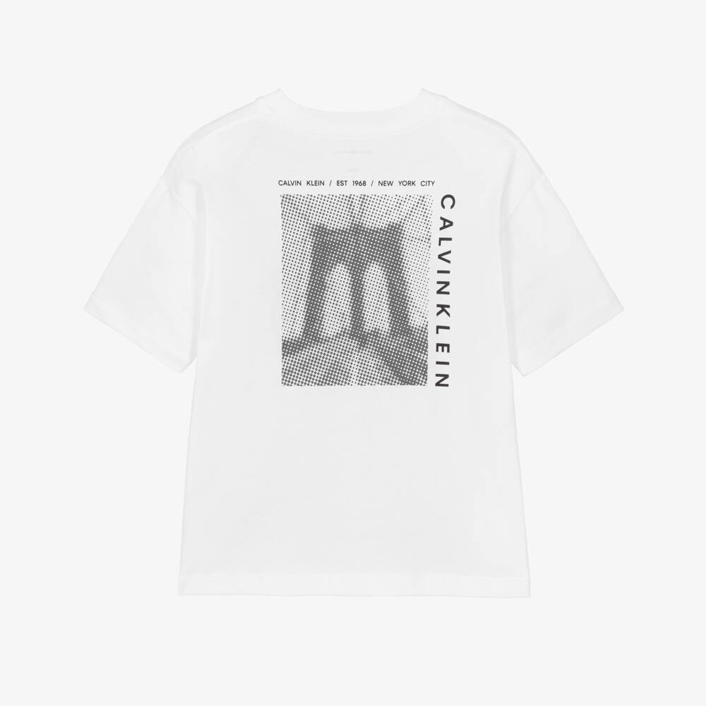 Calvin Klein-Boys White Cotton T-Shirt with Bridge Graphic on the Back | Childrensalon