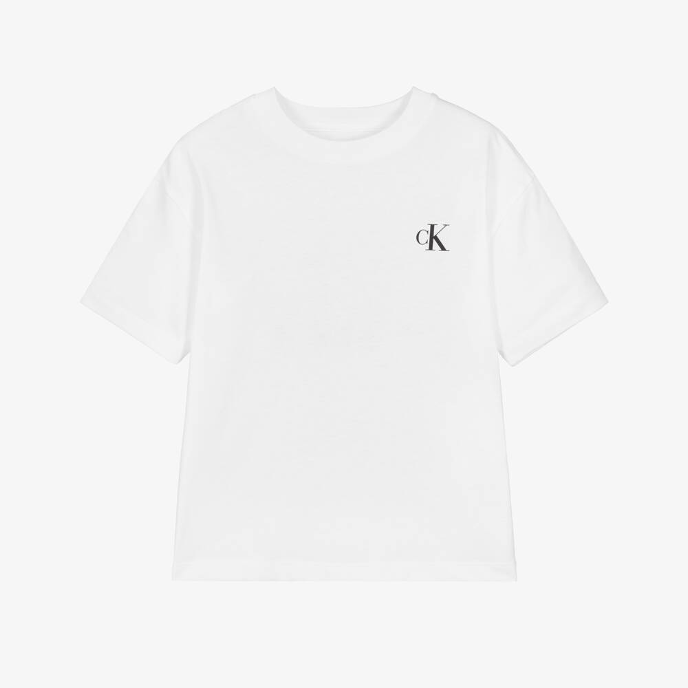 Calvin Klein-Boys White Cotton T-Shirt with Bridge Graphic on the Back | Childrensalon