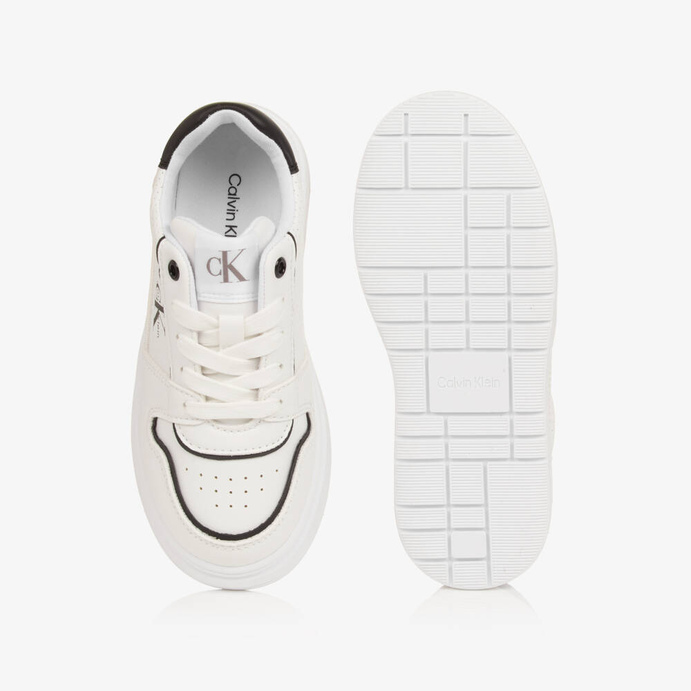 Calvin Klein-Boys White Faux Leather Trainers with Black Detailing | Childrensalon