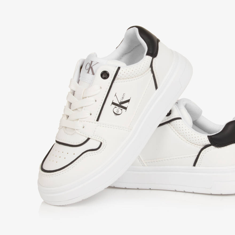Calvin Klein-Boys White Faux Leather Trainers with Black Detailing | Childrensalon