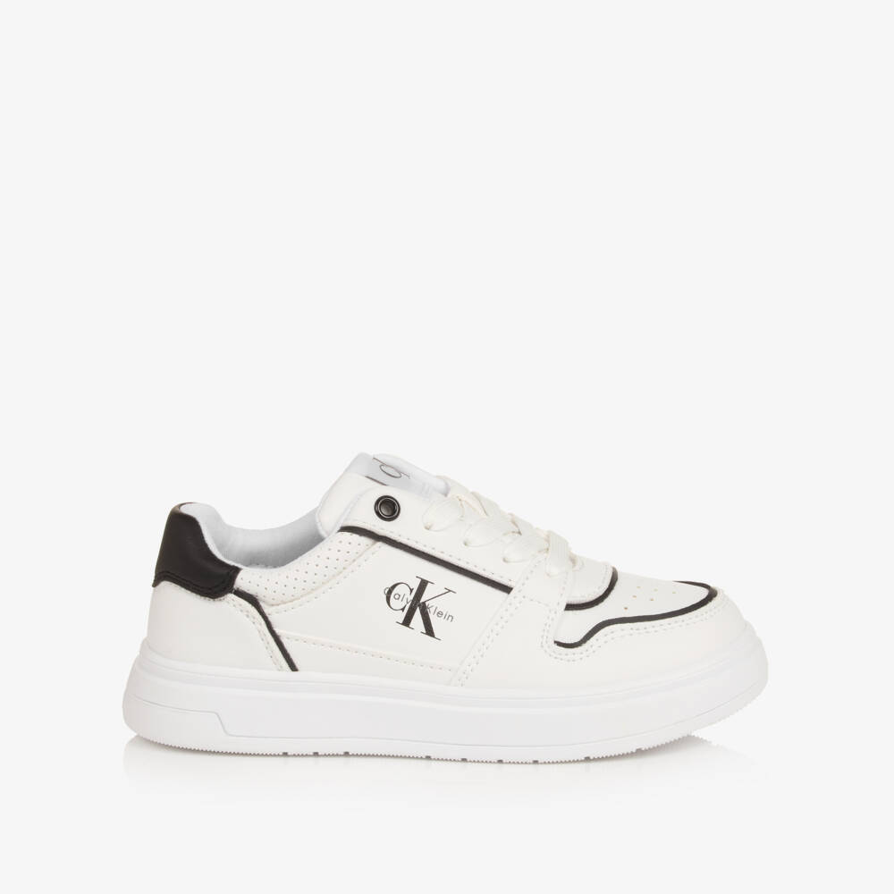 Calvin Klein-Boys White Faux Leather Trainers with Black Detailing | Childrensalon