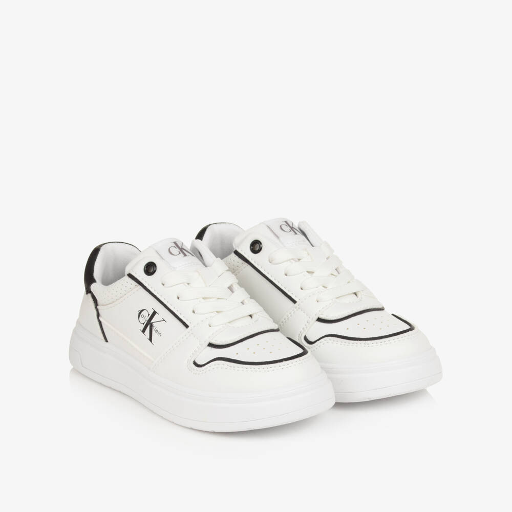 Calvin Klein-Boys White Faux Leather Trainers with Black Detailing | Childrensalon