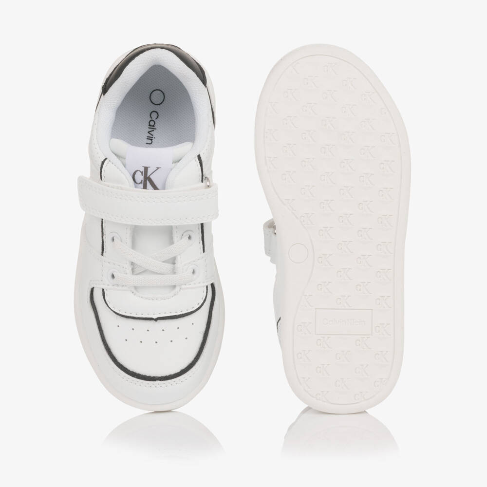 Calvin Klein-Boys White Faux Leather Trainers with Black Trim | Childrensalon