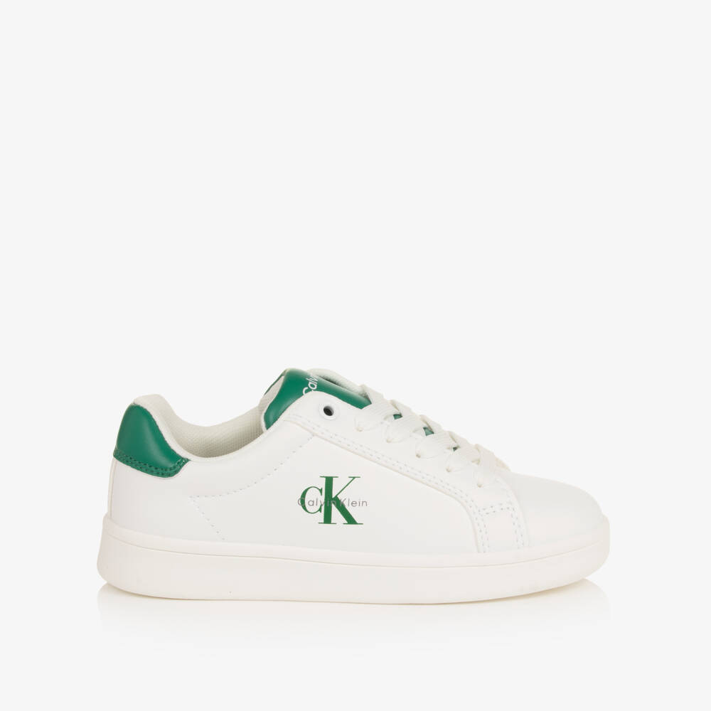 Calvin Klein-Boys White Faux Leather Trainers with Green Detailing | Childrensalon