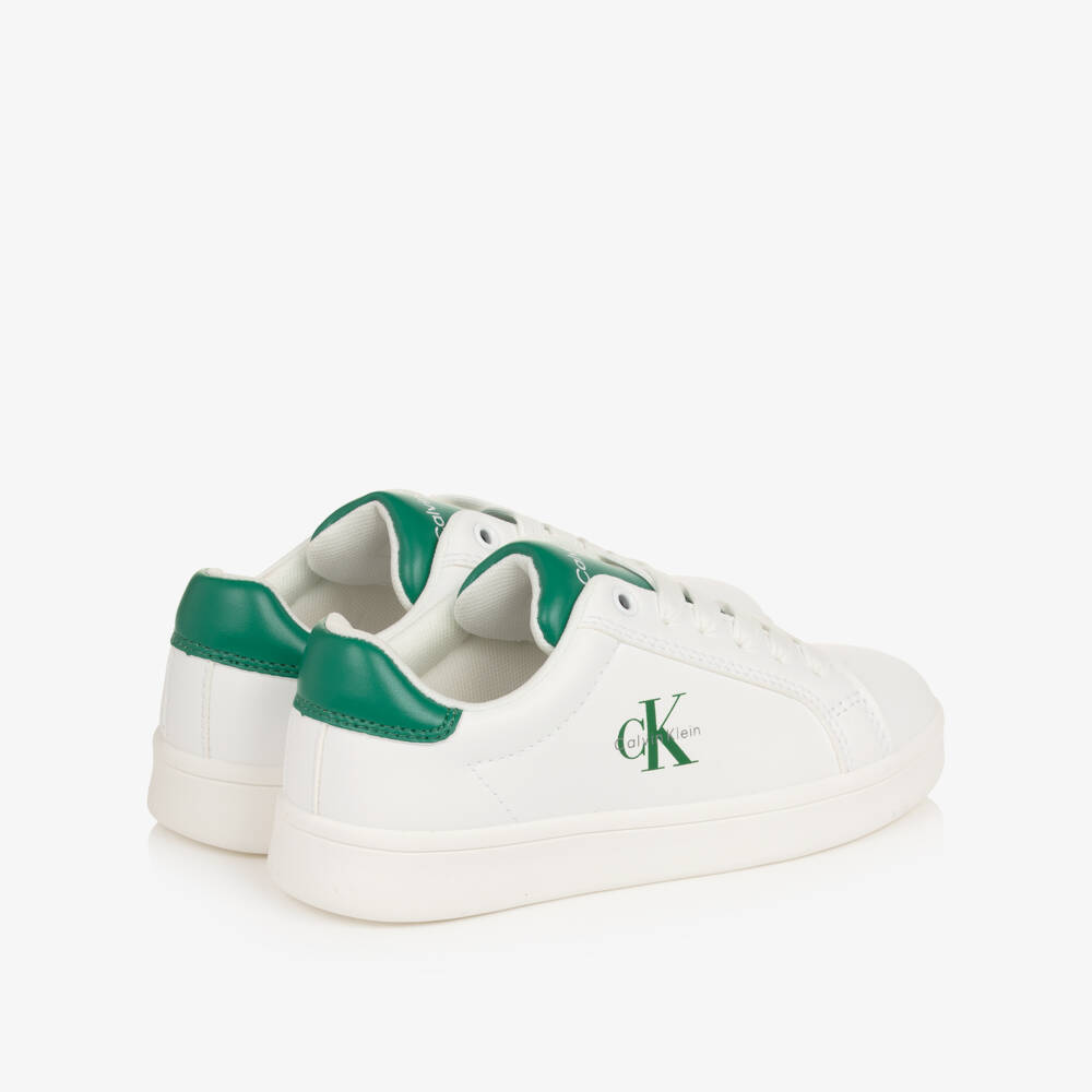 Calvin Klein-Boys White Faux Leather Trainers with Green Detailing | Childrensalon