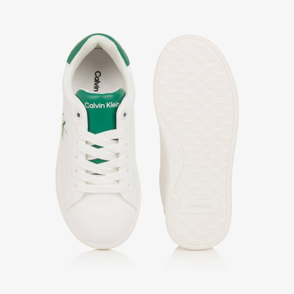 Calvin Klein-Boys White Faux Leather Trainers with Green Detailing | Childrensalon